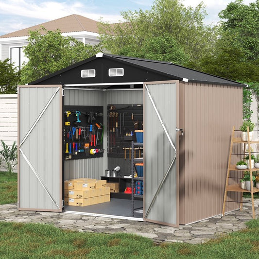 Clouddwell 7.4x5.3ft Galvanized Steel Storage Shed with Floor & Double Doors - Brown