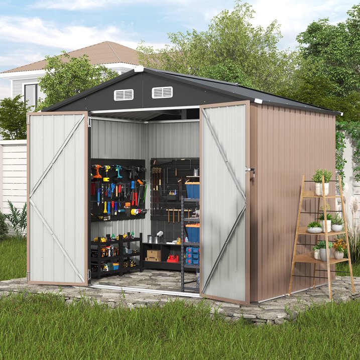 Clouddwell 7.5x5 ft. Outdoor Storage Shed with Base, Brown Metal Garden Shed with Double Lockable Doors for Backyard, Patio
