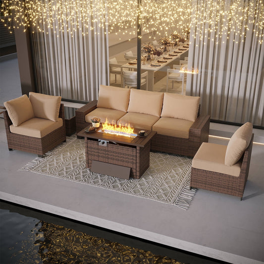 Clouddwell 7-Piece Outdoor Patio Set,4-Inch Thickened Cushions, All-Weather Wicker Sectional with Fire Table, Coffee Table & Custom Protective Cover Beige