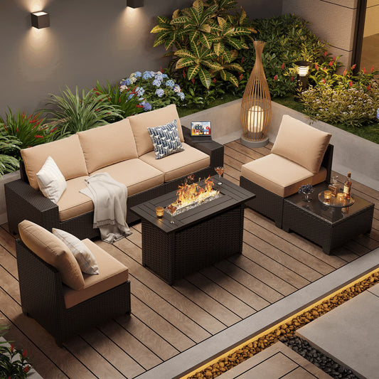 Clouddwell 7-Piece Outdoor Patio Set,4-Inch Thickened Cushions, All-Weather Wicker Sectional with Fire Table, Coffee Table & Custom Protective Cover Beige