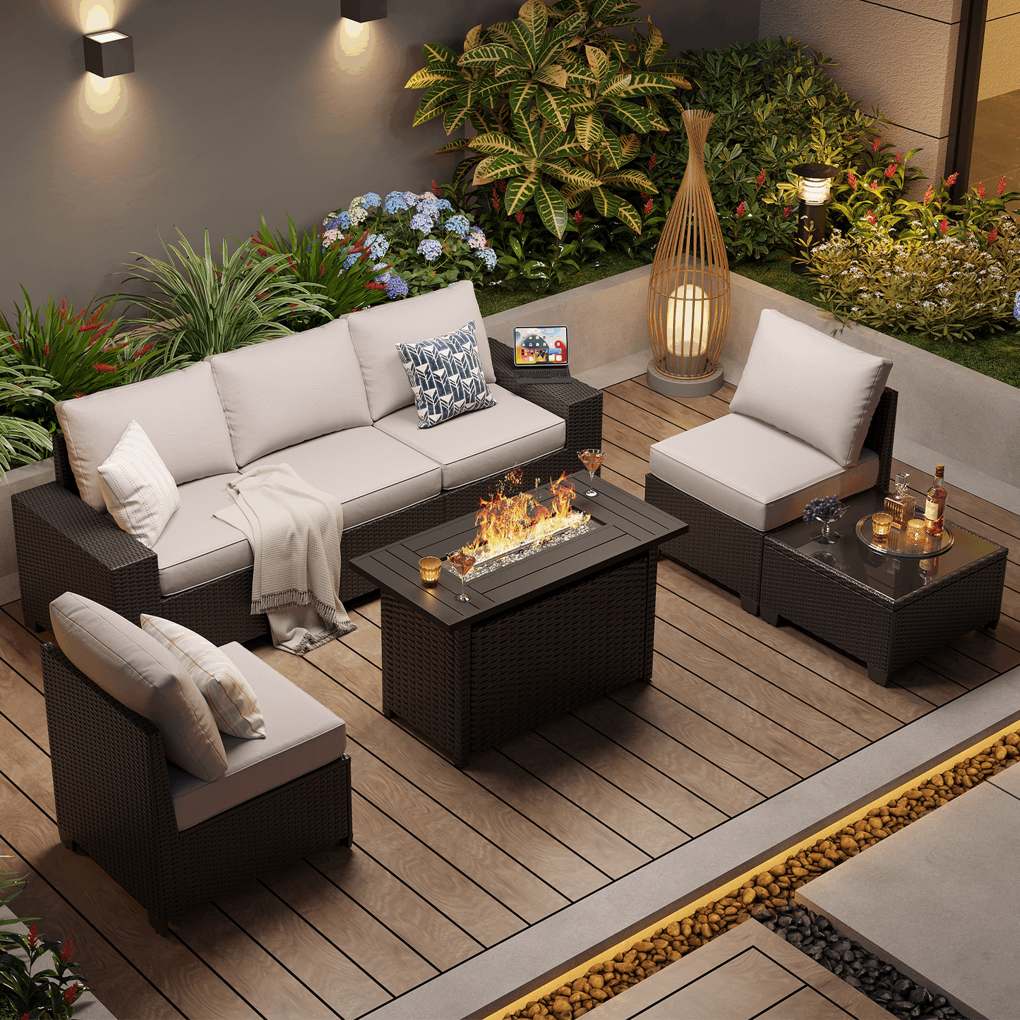 Clouddwell 7-Piece Outdoor Patio Set,4-Inch Thickened Cushions, All-Weather Wicker Sectional with Fire Table, Coffee Table & Custom Protective Cover Gray