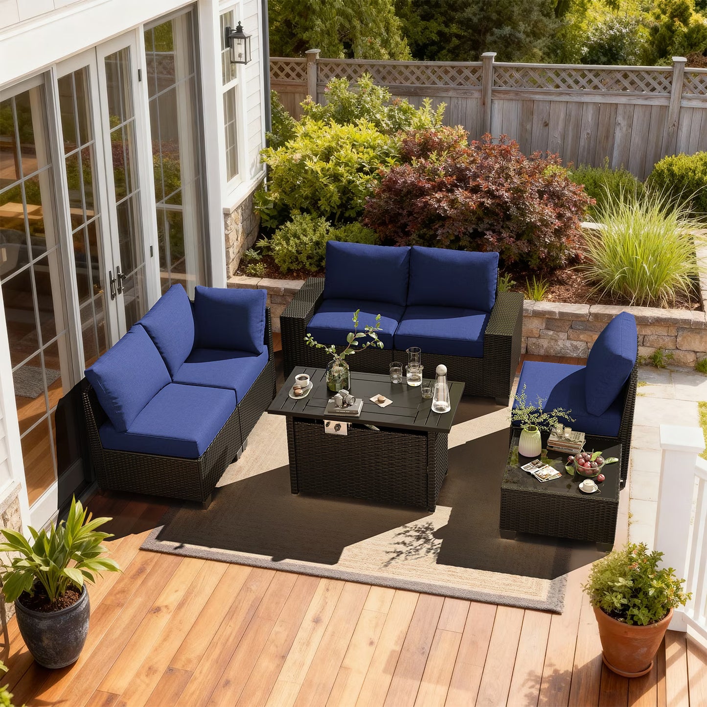 Clouddwell 7-Piece Outdoor Patio Set,4-Inch Thickened Cushions, All-Weather Wicker Sectional with Fire Table, Coffee Table & Custom Protective Cover Navy Blue