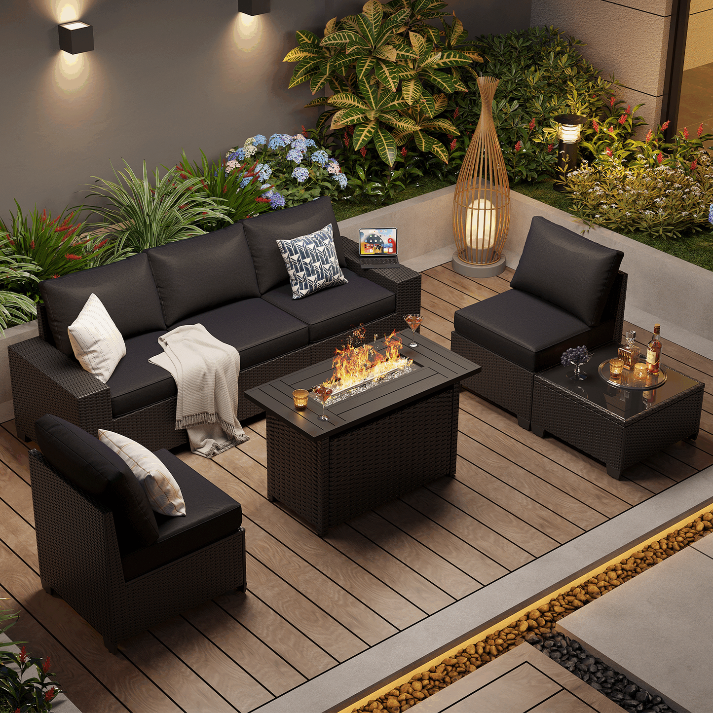Clouddwell 7-Piece Outdoor Patio Set,4-Inch Thickened Cushions, All-Weather Wicker Sectional with Fire Table, Coffee Table & Custom Protective Cover Black