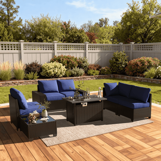 Clouddwell 7-Piece Outdoor Patio Set,4-Inch Thickened Cushions, All-Weather Wicker Sectional with Fire Table, Coffee Table & Custom Protective Cover Navy