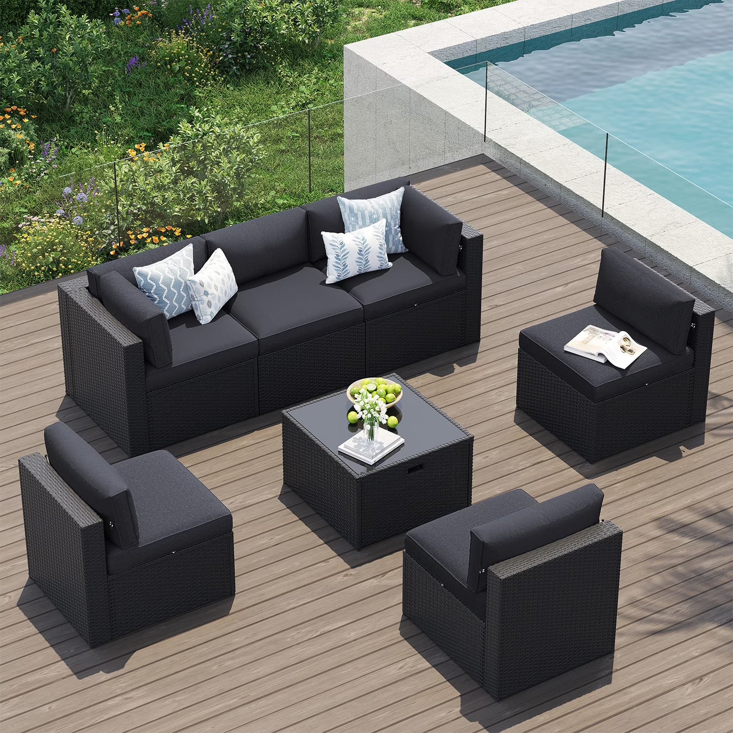 Clouddwell 7-Piece Patio Furniture Set On Sale, Black Rattan Wicker Outdoor Sectional Sofa Couch with Table Patio Conversation Set for Lawn& Backyard,Gray
