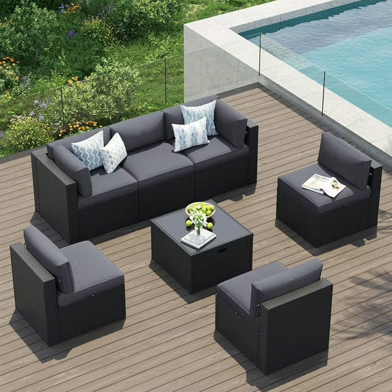 Clouddwell 7-Piece Patio Furniture Set On Sale, Black Rattan Wicker Outdoor Sectional Sofa Couch with Table Patio Conversation Set for Lawn& Backyard,Gray