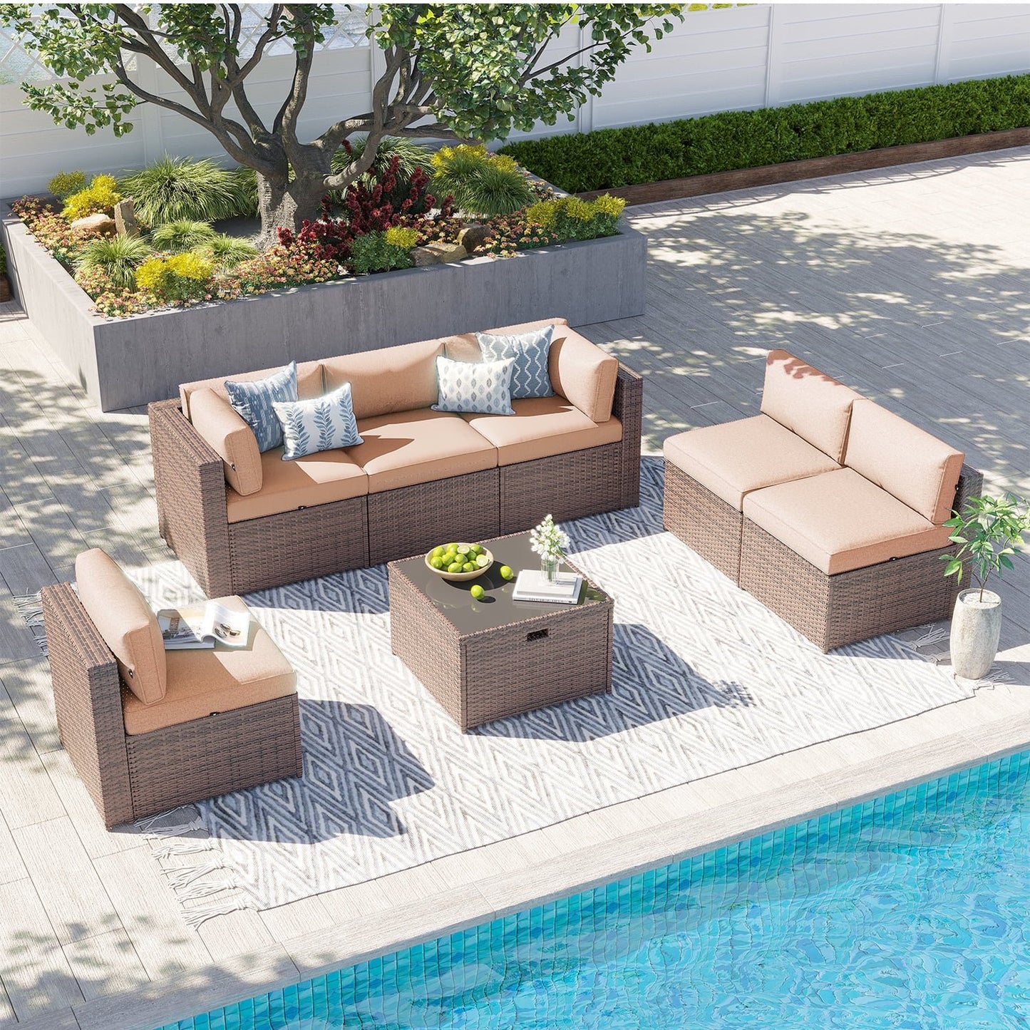 Clouddwell 7 Piece Patio Furniture Set Wicker Rattan Patio Conversation Set Outdoor Sectional Sofa Set with Coffee Table and Black Cushions(Waterproof Cover Included)