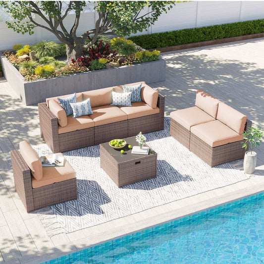 Clouddwell 7 Piece Patio Furniture Set Wicker Rattan Patio Conversation Set Outdoor Sectional Sofa Set with Coffee Table and Black Cushions(Waterproof Cover Included)