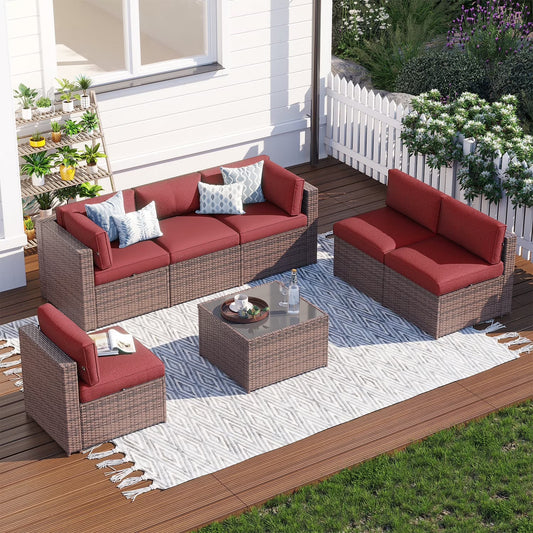 Clouddwell 7 Piece Patio Furniture Set Wicker Rattan Patio Conversation Set Outdoor Sectional Sofa Set with Coffee Table and Black Cushions(Waterproof Cover Included)