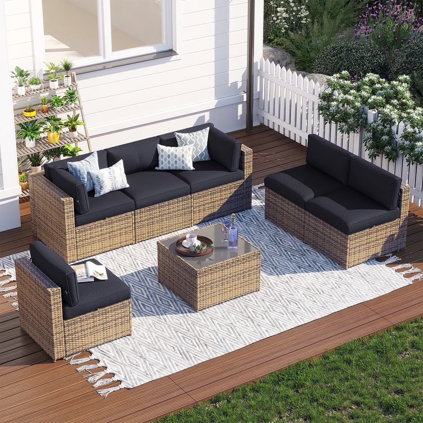Clouddwell 7 Piece Patio Furniture Set Wicker Rattan Patio Conversation Set Outdoor Sectional Sofa Set with Coffee Table and Gray Cushions(Waterproof Cover Included)