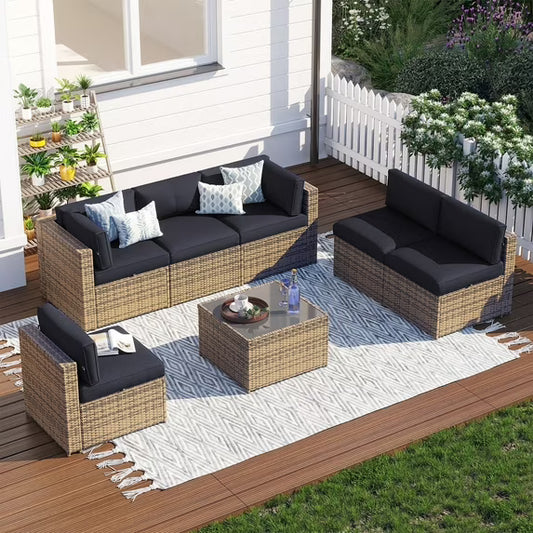 Clouddwell 7 Piece Patio Furniture Set Wicker Rattan Patio Conversation Set Outdoor Sectional Sofa Set with Coffee Table and Black Cushions(Waterproof Cover Included)