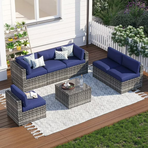 Clouddwell 7 Piece Patio Furniture Set Wicker Rattan Patio Conversation Set Outdoor Sectional Sofa Set with Coffee Table and Blue Cushions(Waterproof Cover Included)