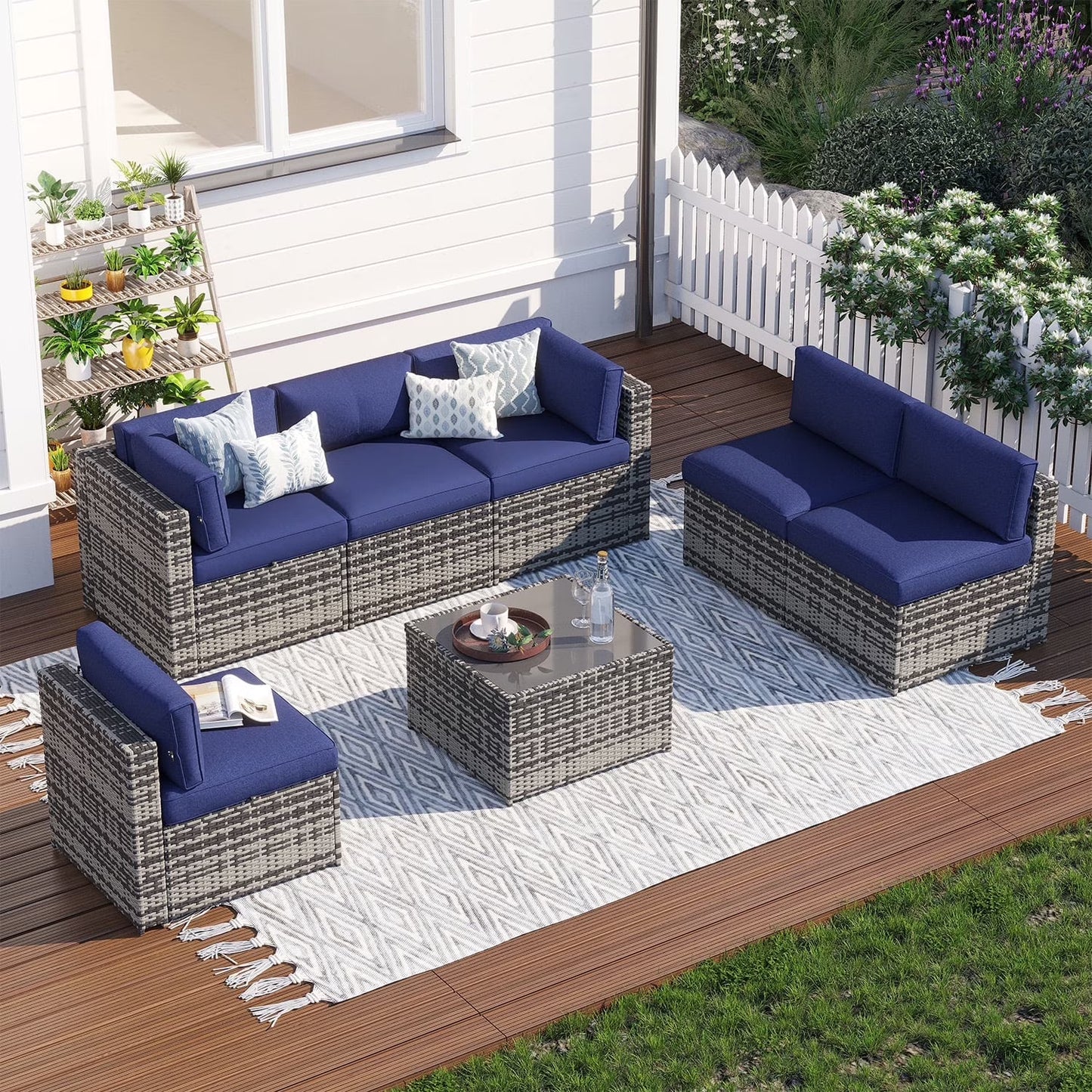 Clouddwell 7 Piece Patio Furniture Set Wicker Rattan Patio Conversation Set Outdoor Sectional Sofa Set with Coffee Table and Gray Cushions(Waterproof Cover Included)