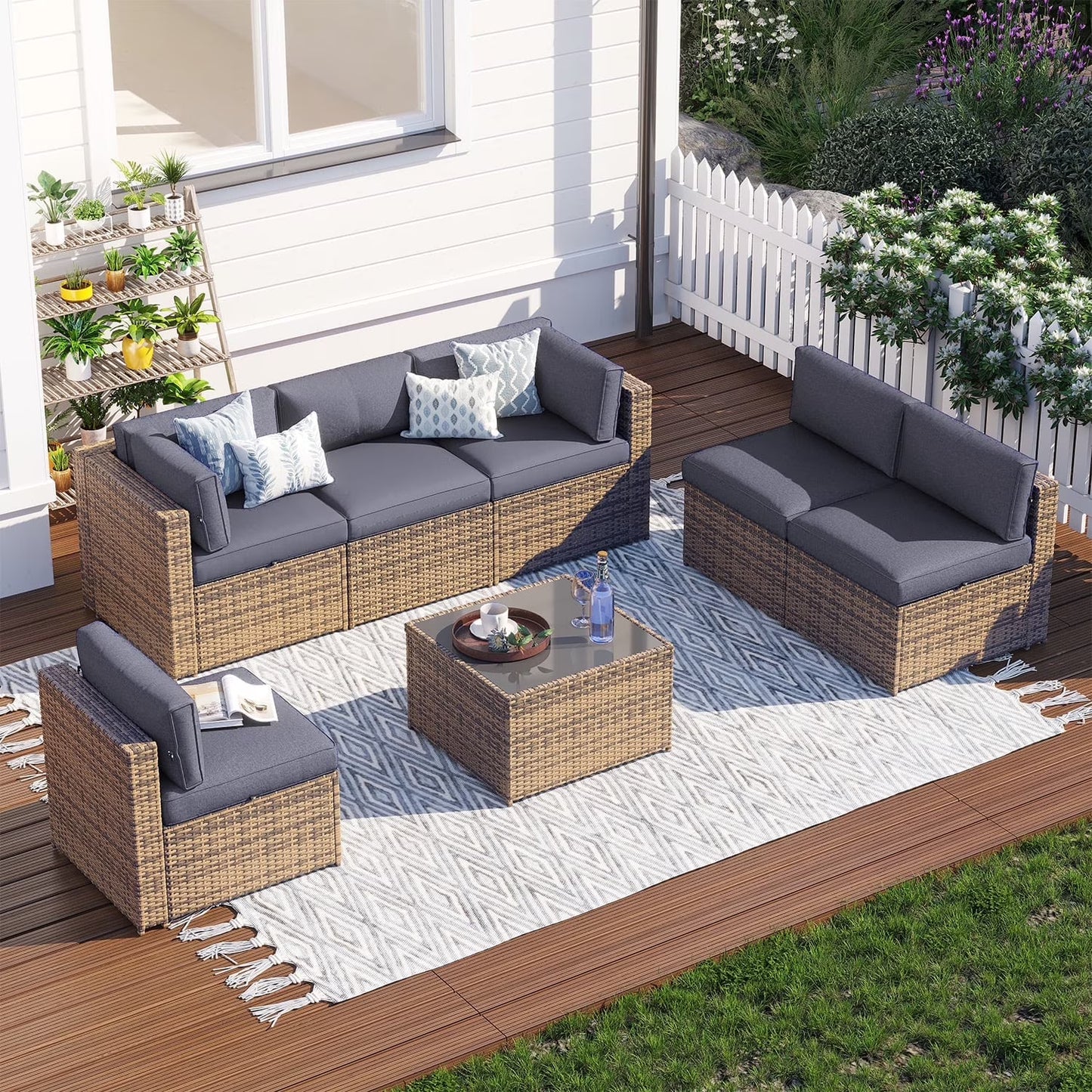 Clouddwell 7 Piece Patio Furniture Set Wicker Rattan Patio Conversation Set Outdoor Sectional Sofa Set with Coffee Table and Gray Cushions(Waterproof Cover Included)