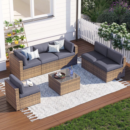Clouddwell 7 Piece Patio Furniture Set Wicker Rattan Patio Conversation Set Outdoor Sectional Sofa Set with Coffee Table and Gray Cushions(Waterproof Cover Included)