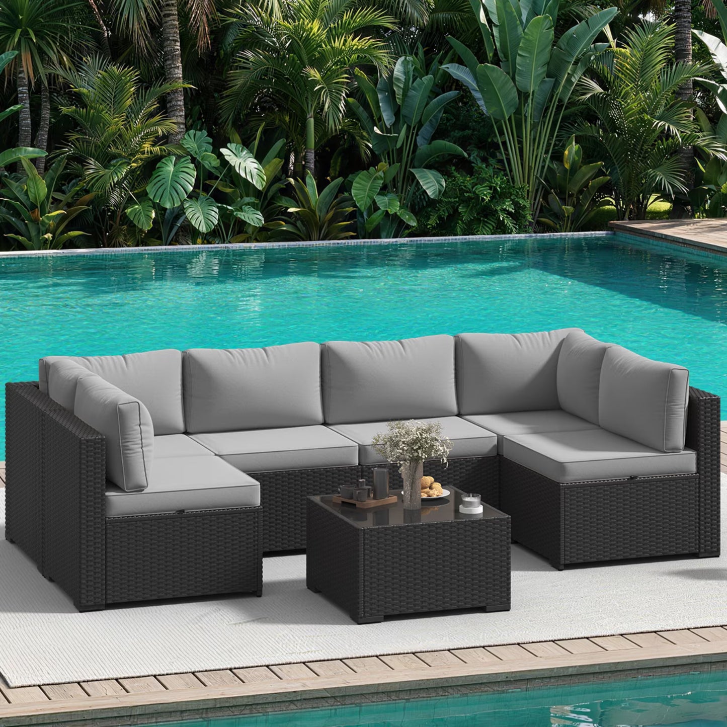 Clouddwell 7 Pieces Patio Furniture Set, All-Weather Wicker Rattan Patio Sectional Sofa Set with Coffee Table (Light Gray)