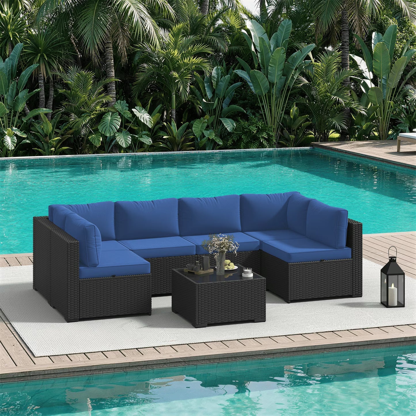 Clouddwell 7 Pieces Patio Furniture Set, All-Weather Wicker Rattan Patio Sectional Sofa Set with Coffee Table (Navy Blue)