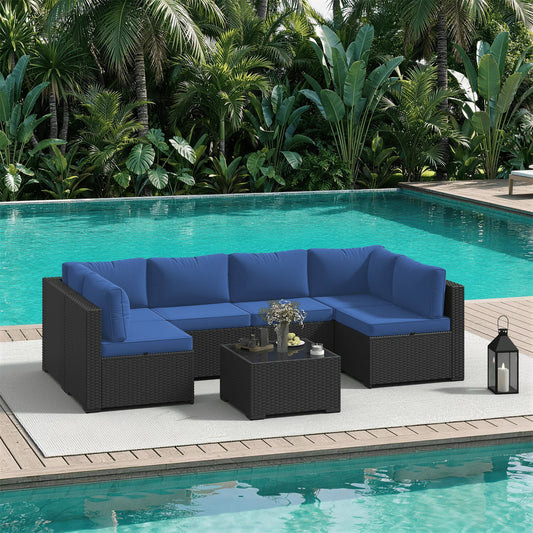 Clouddwell 7 Pieces Patio Furniture Set, All-Weather Wicker Rattan Patio Sectional Sofa Set with Coffee Table (Navy Blue)