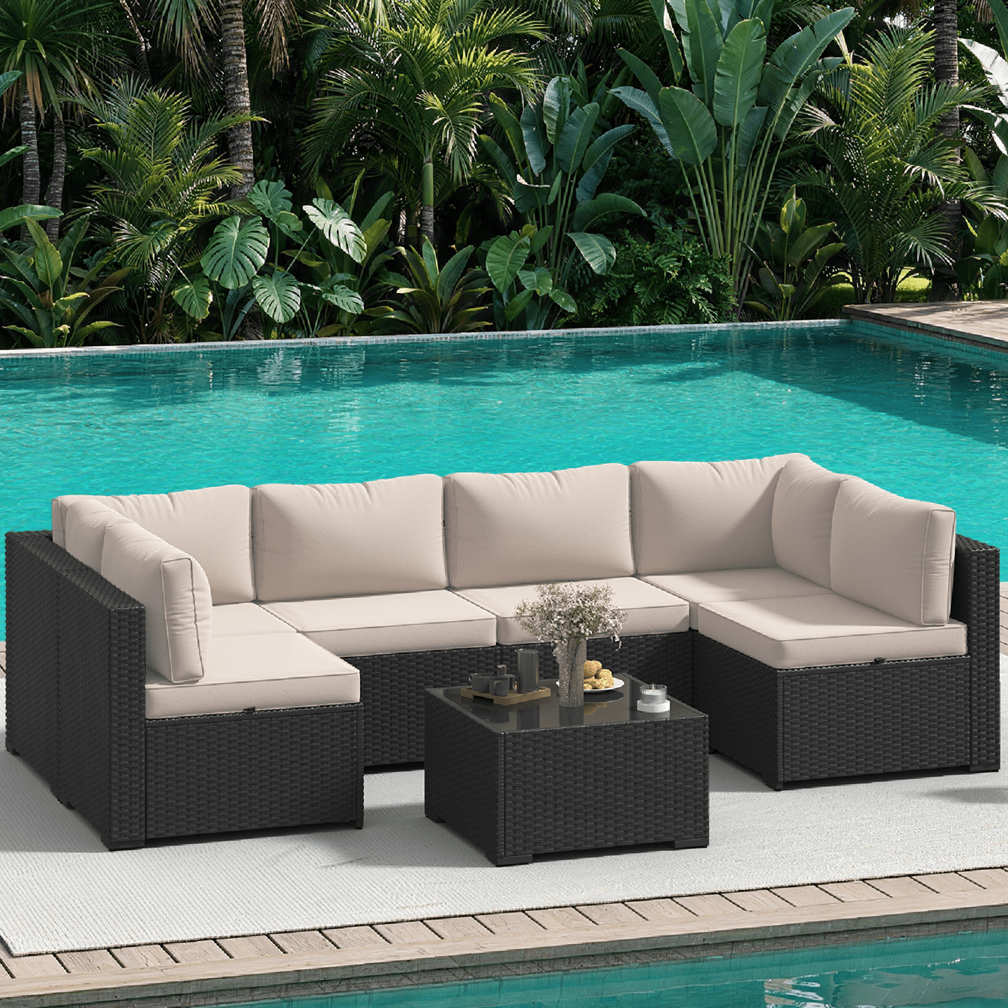 Clouddwell 7 Pieces Patio Furniture Set, All-Weather Wicker Rattan Patio Sectional Sofa Set with Coffee Table (Beige)
