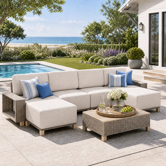 Clouddwell 7 Pieces Wicker Patio Furniture Set, Wicker Outdoor Sectional Sofa with 10 Inches Thick Cushions & Coffee Table,Beige