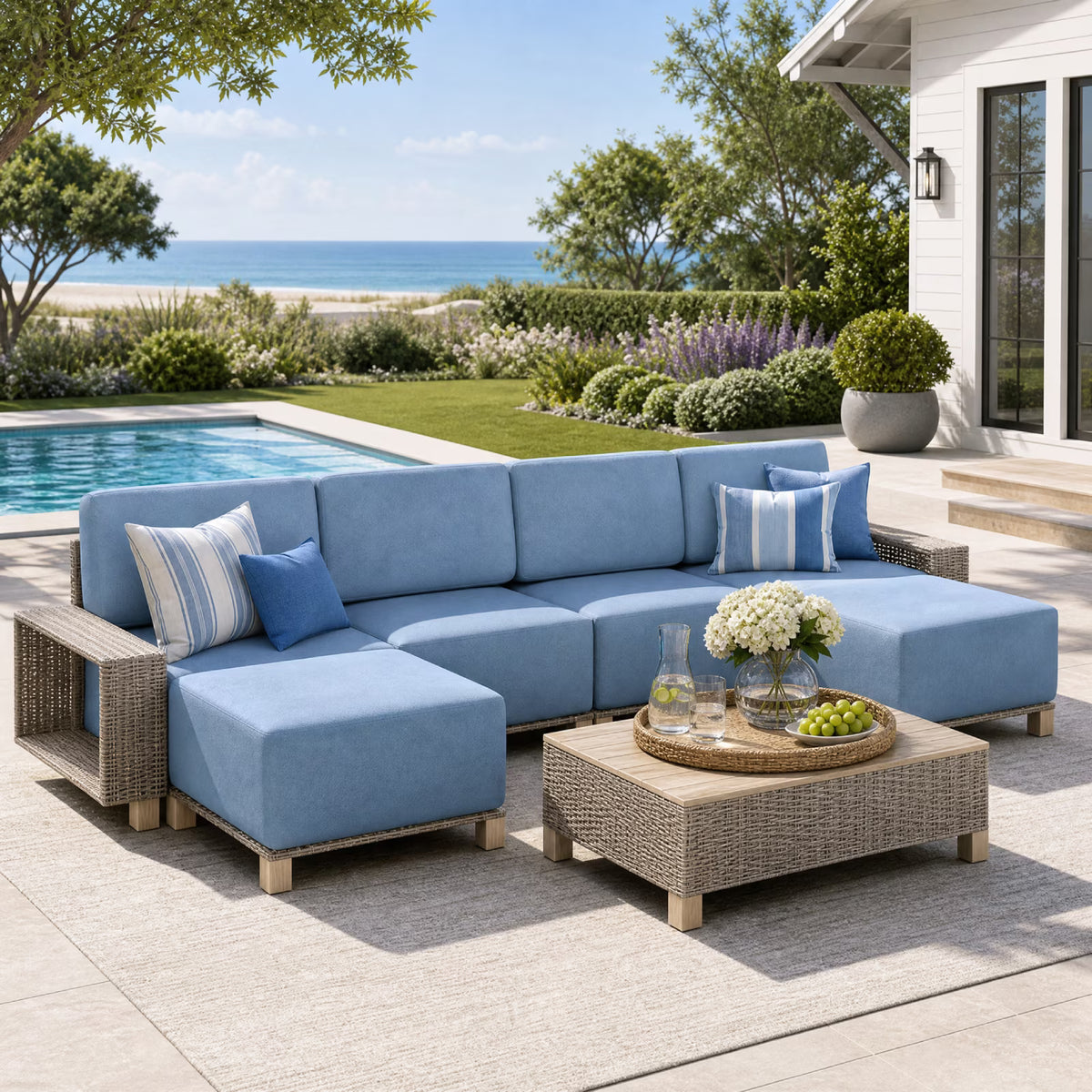 Clouddwell 7 Pieces Wicker Patio Furniture Set, Wicker Outdoor Sectional Sofa with 10 Inches Thick Cushions & Coffee Table,Blue