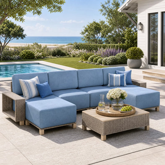 Clouddwell 7 Pieces Wicker Patio Furniture Set, Wicker Outdoor Sectional Sofa with 10 Inches Thick Cushions & Coffee Table,Blue