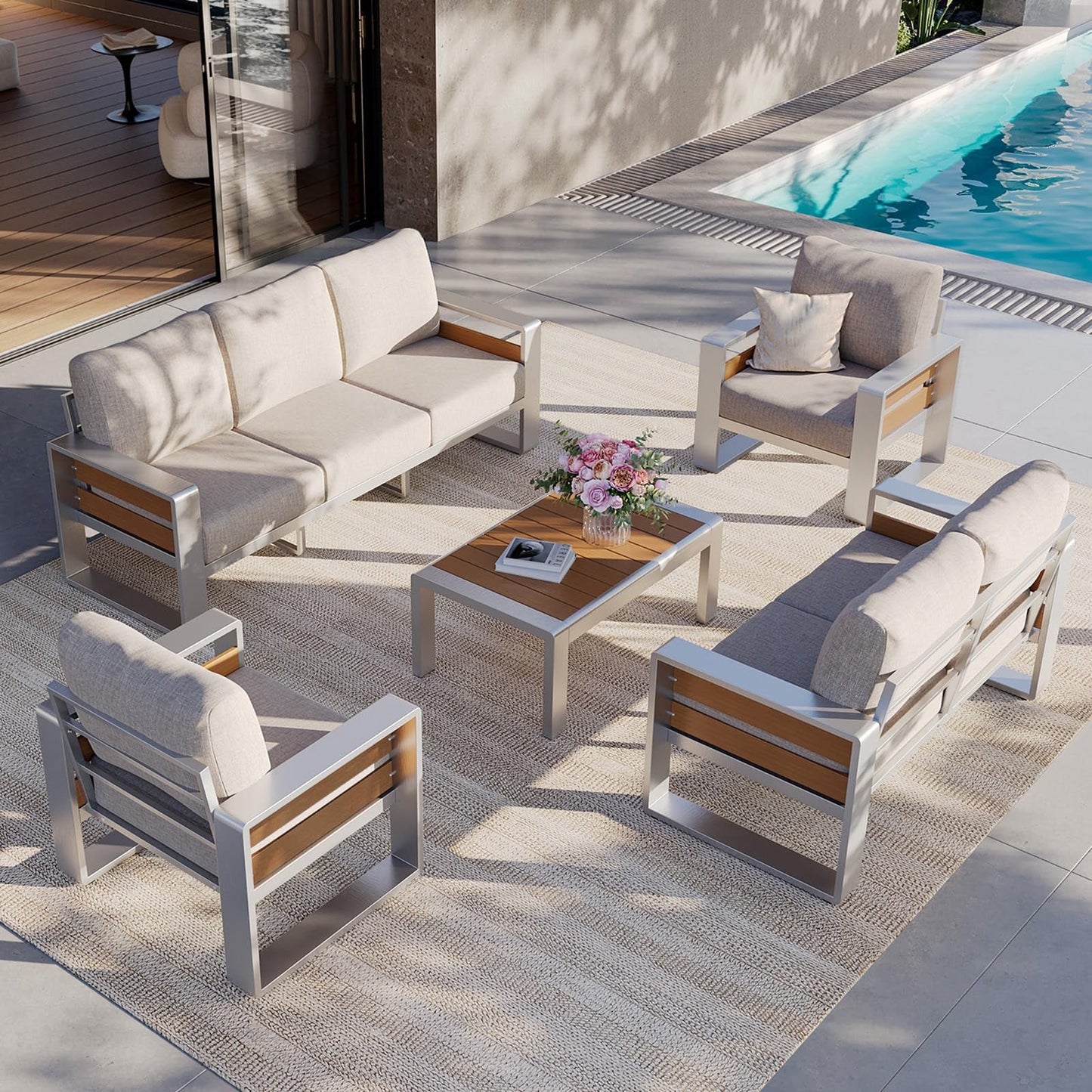 Clouddwell 7-Seats Aluminum Patio Furniture Set, Outdoor Metal Sofa Conversation Set with Coffee Table for Pool Garden Porch Backyard, Beige