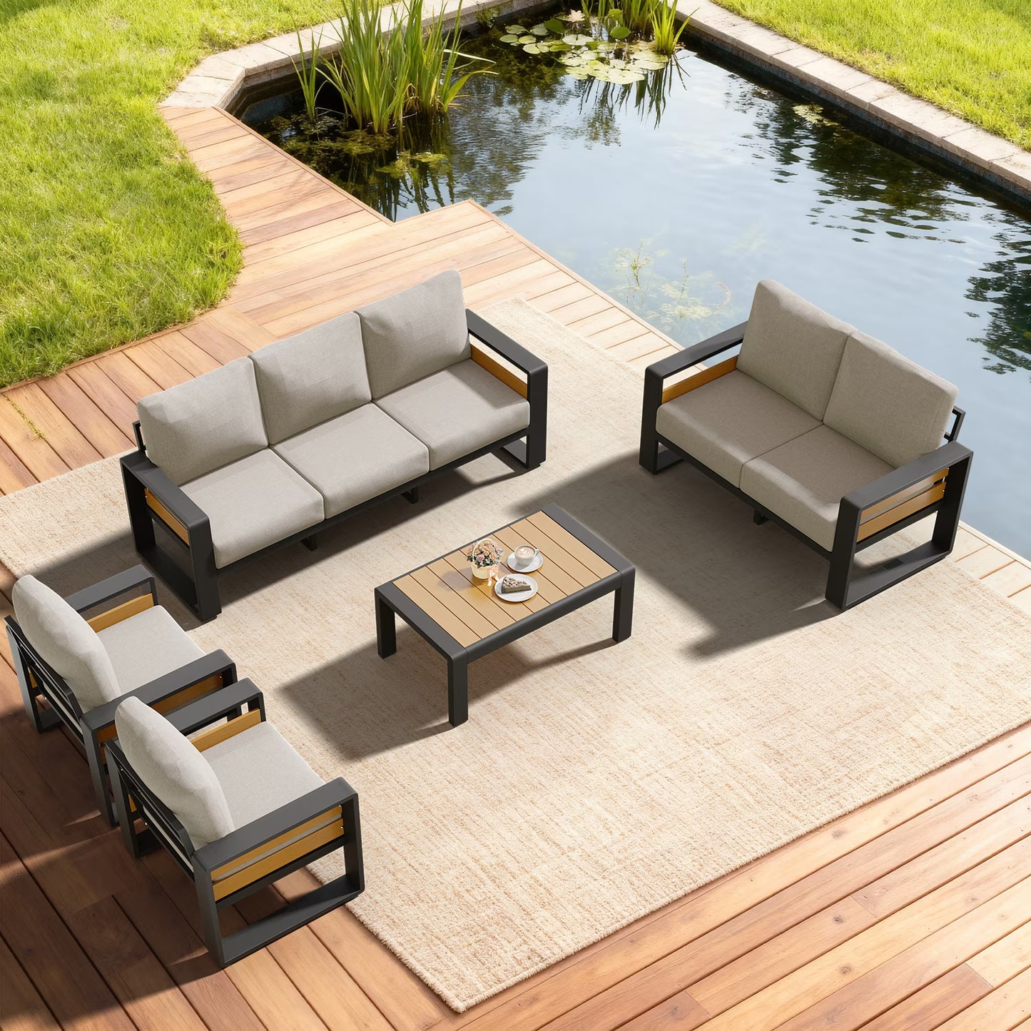 7-Seats Aluminum Patio Furniture Set, Outdoor Metal Sofa Conversation Set with Coffee Table for Pool Garden Porch Backyard, Light Gray