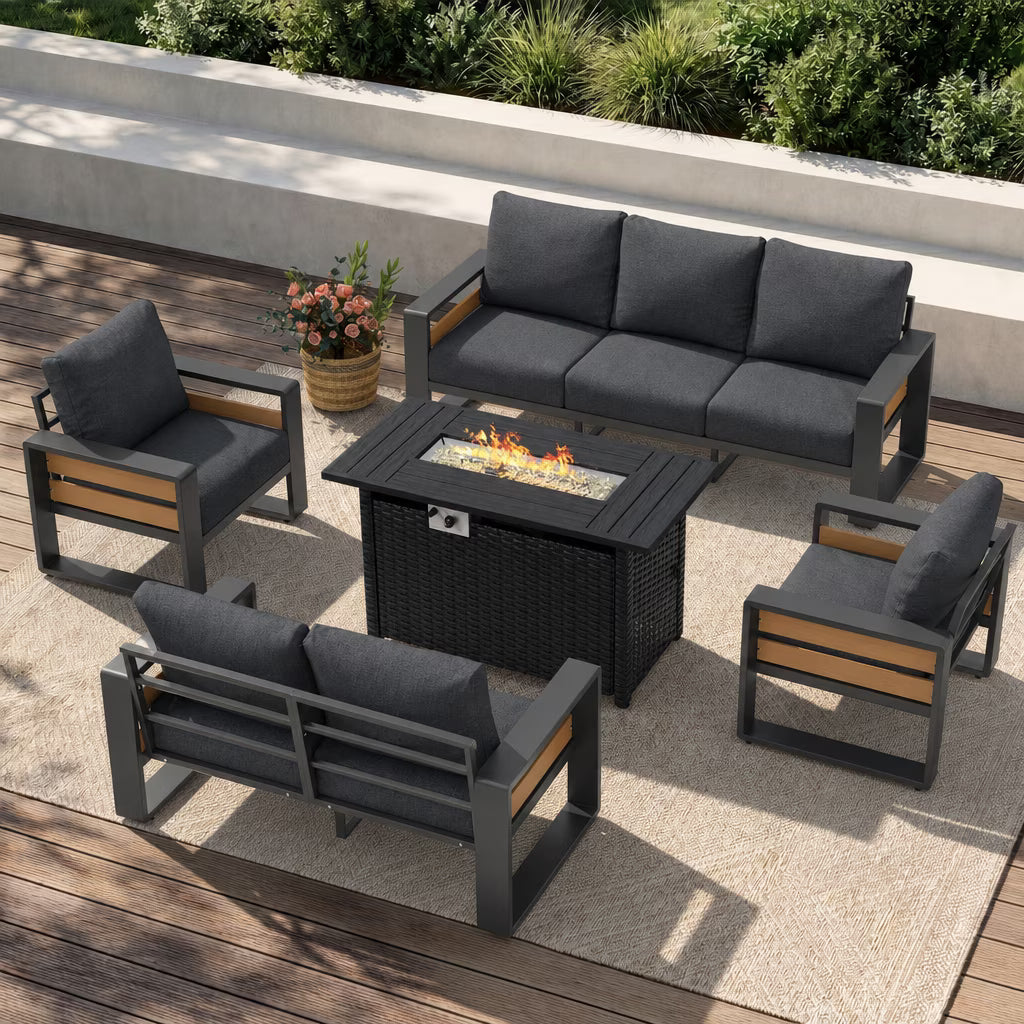 Clouddwell 7-Seats Aluminum Patio Furniture Set, Outdoor Metal Sofa Conversation Set with Fire Pit Table for Pool Garden Porch Backyard, Dark Gray
