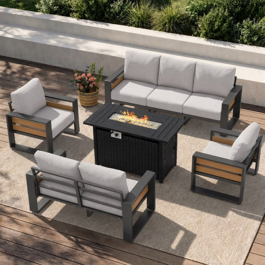 Clouddwell 7-Seats Aluminum Patio Furniture Set, Outdoor Metal Sofa Conversation Set with Fire Pit Table for Pool Garden Porch Backyard, Light Gray