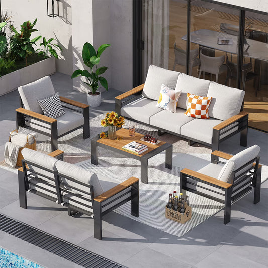7-Seats Outdoor Patio Sectional Set with Coffee Table & Cushions - Aluminum Furniture for Terrace/Garden/Poolside (Gray)