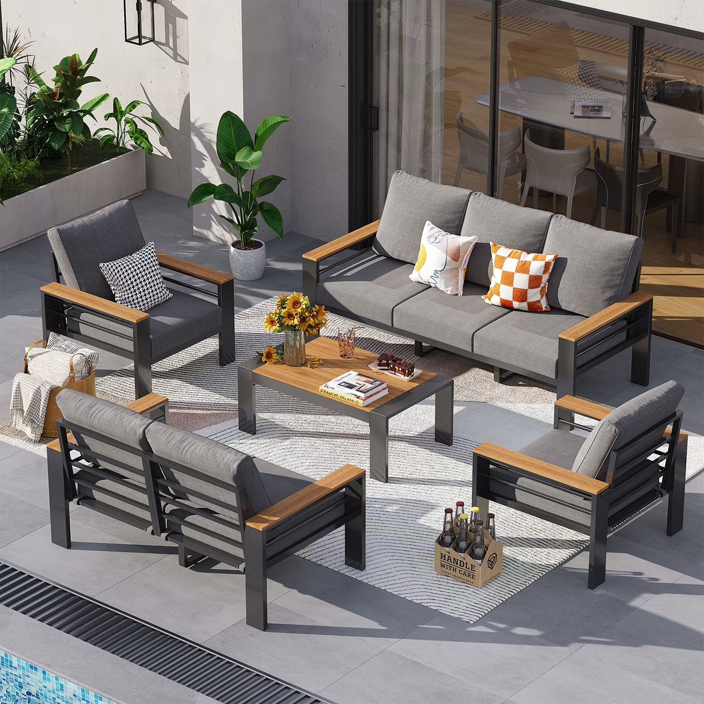 7-Seats Outdoor Patio Sectional Set with Coffee Table & Cushions - Aluminum Furniture for Terrace/Garden/Poolside (Gray)