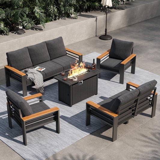 Clouddwell 7-Seats Outdoor Patio Sectional Set with Fire Pit & Cushions - Aluminum Furniture for Terrace/Garden/Poolside (Gray)