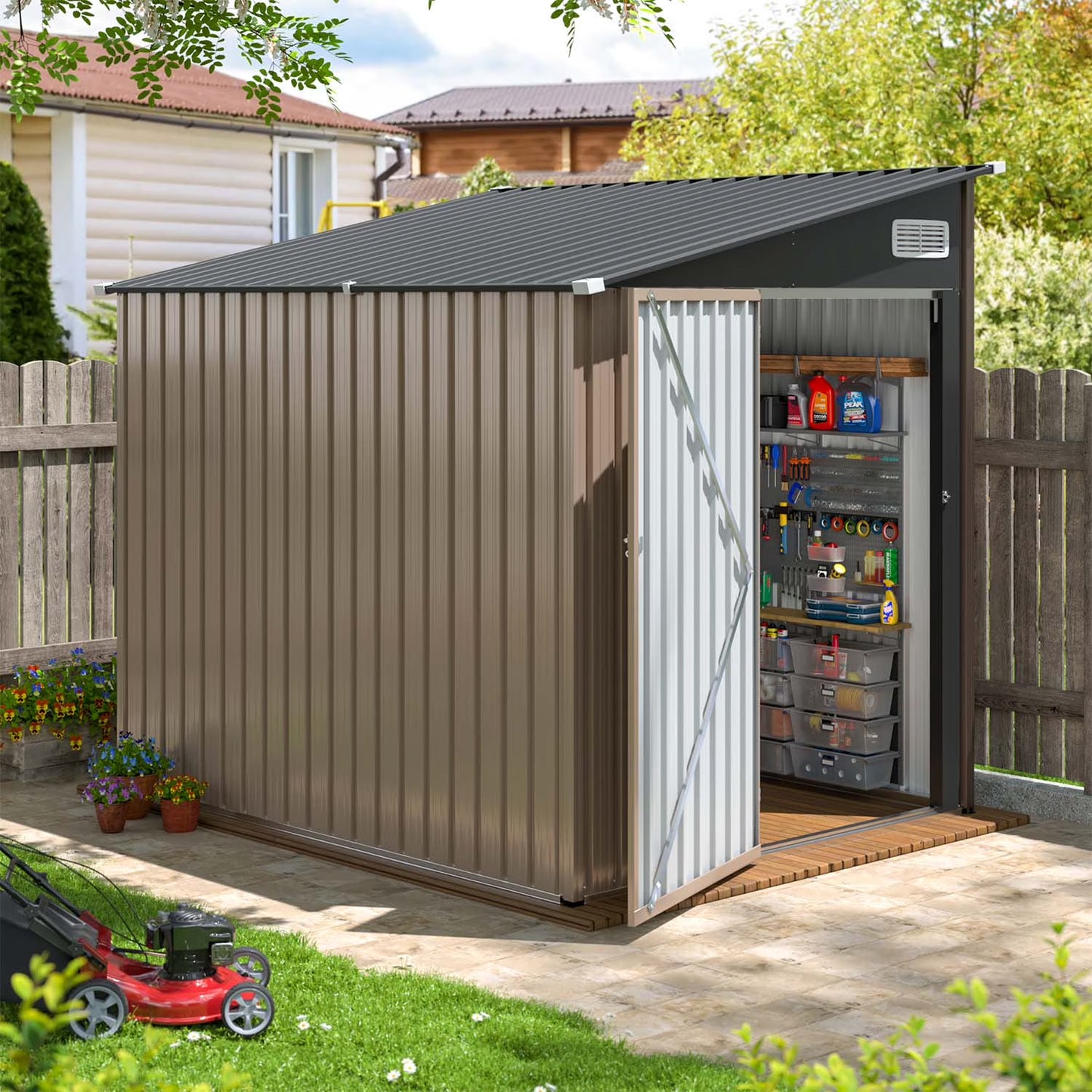 Clouddwell 7 x 5.5 Ft. Outdoor Metal Storage Shed, Lockable Lean-To Galvanized Steel Utility Shed with Slanted Roof, Brown
