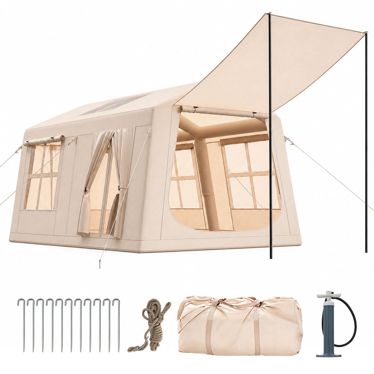 Clouddwell 8-10 Person Inflatable Camping Tent, Blow Up Family Glamping Tent with Skylight & Stove Jack, Waterproof 420D Oxford Air Tent with Hand Pump for Camping, Hiking & All-Season Use