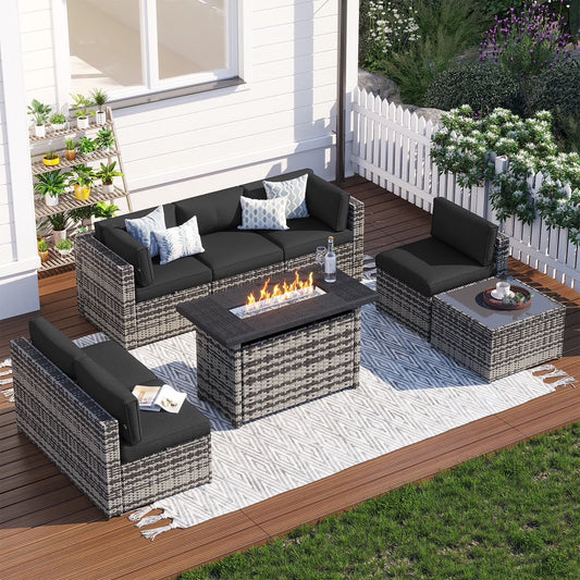 Clouddwell 8 Piece Patio Furniture Set with 44” Fire Pit Table Wicker Rattan Patio Conversation Set Outdoor Sectional Sofa Set with Coffee Table and Black Cushions(Waterproof Cover Included)