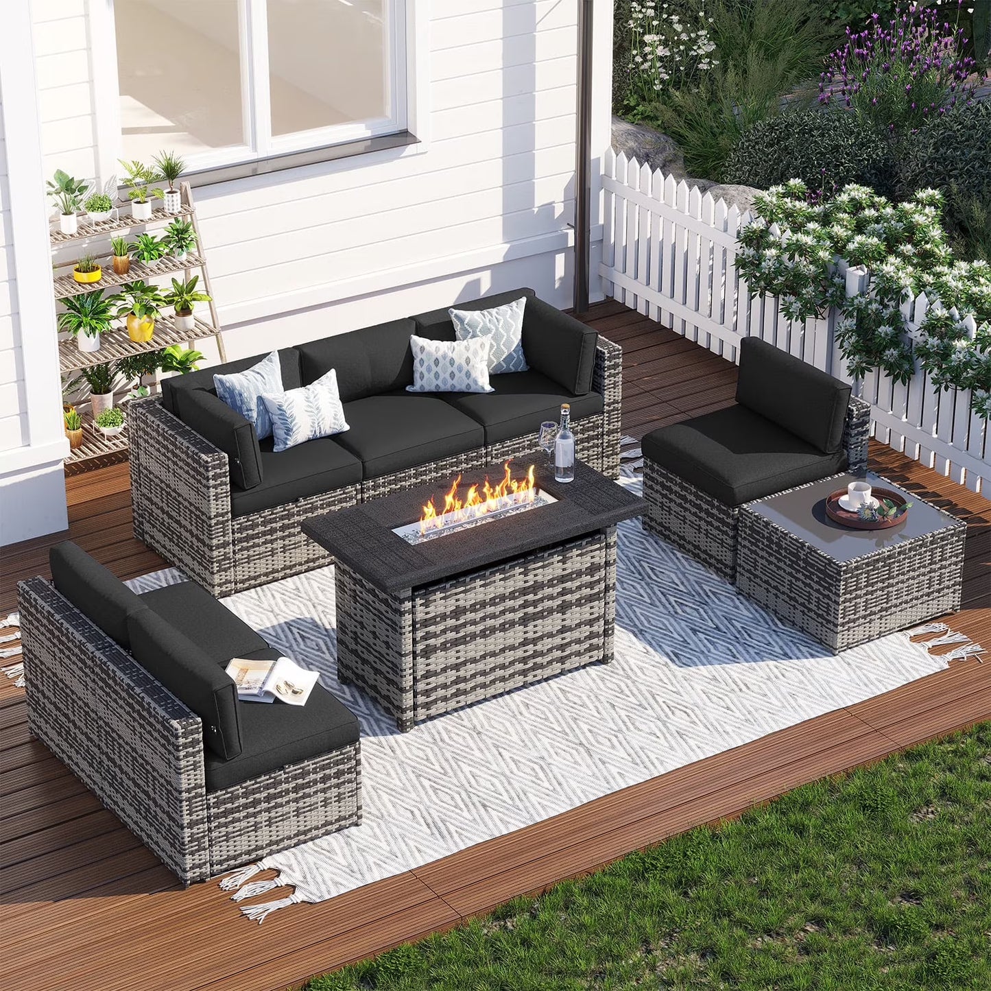 Clouddwell 8 Piece Patio Furniture Set with 44” Fire Pit Table Wicker Rattan Patio Conversation Set Outdoor Sectional Sofa Set with Coffee Table and Gray Cushions(Waterproof Cover Included)