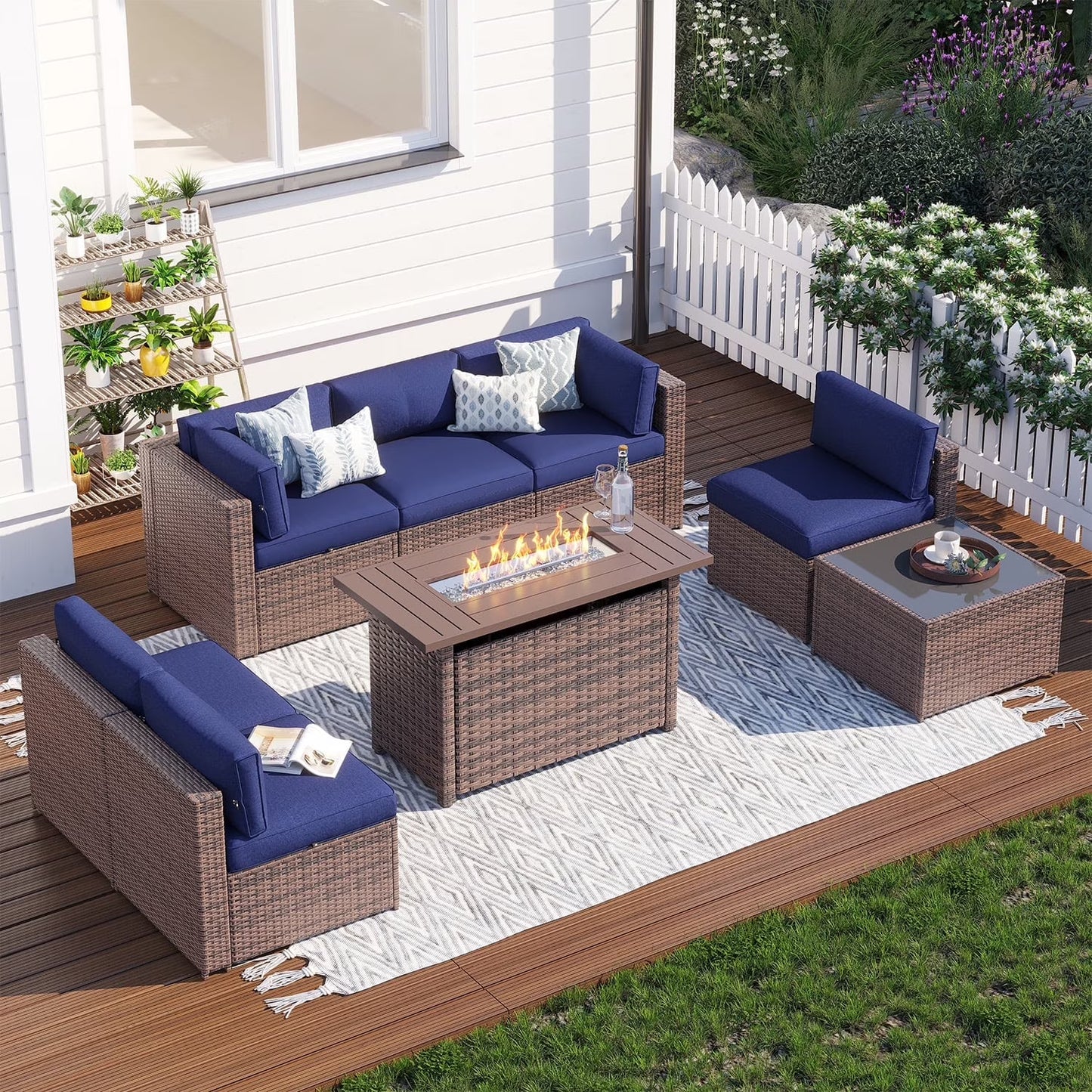 Clouddwell 8 Piece Patio Furniture Set with 44” Fire Pit Table Wicker Rattan Patio Conversation Set Outdoor Sectional Sofa Set with Coffee Table and Blue Cushions(Waterproof Cover Included)