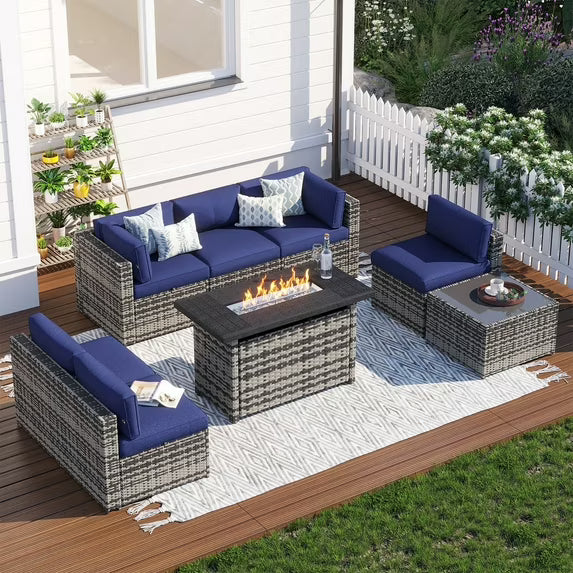 Clouddwell 8 Piece Patio Furniture Set with 44” Fire Pit Table Wicker Rattan Patio Conversation Set Outdoor Sectional Sofa Set with Coffee Table and Blue Cushions(Waterproof Cover Included)