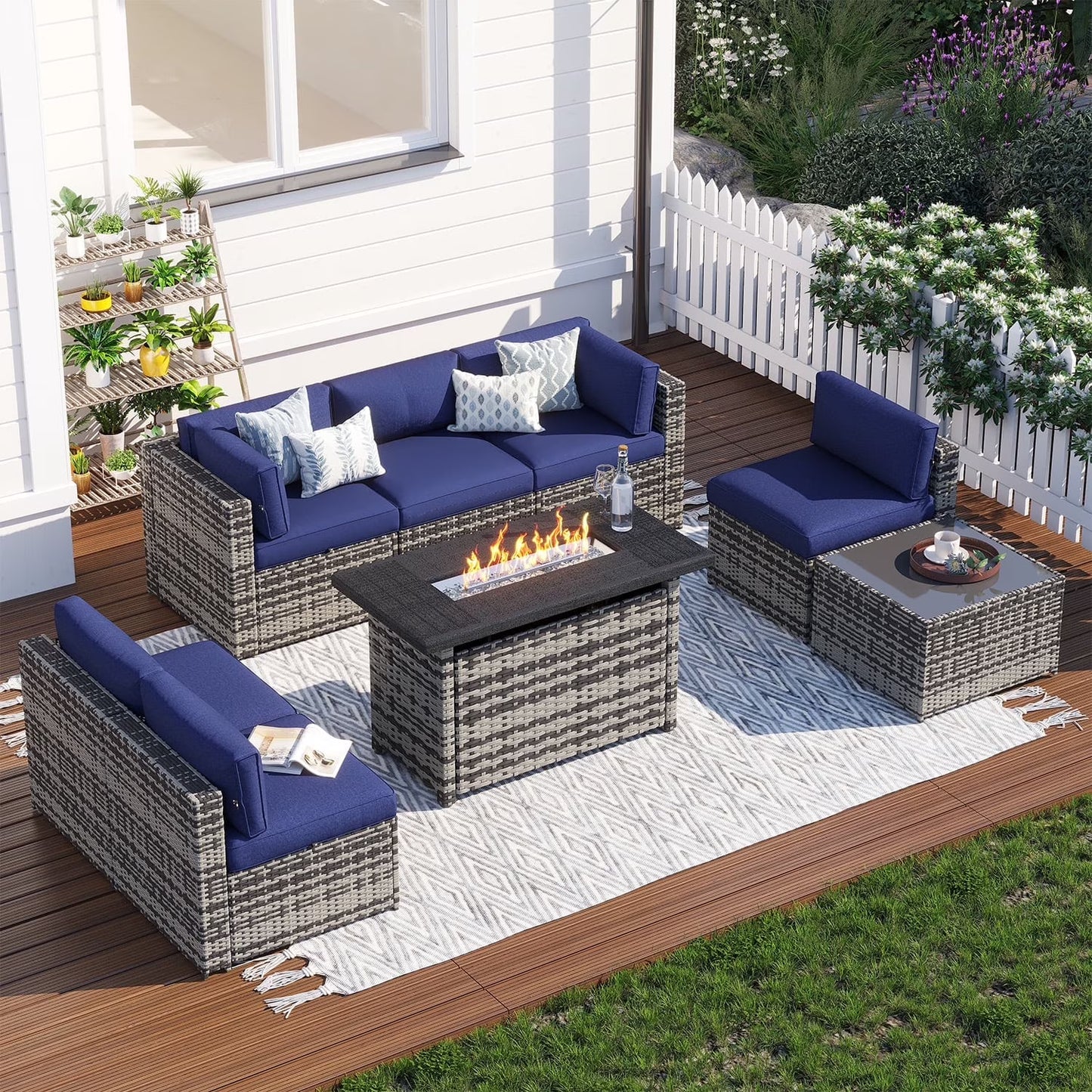 Clouddwell 8 Piece Patio Furniture Set with 44” Fire Pit Table Wicker Rattan Patio Conversation Set Outdoor Sectional Sofa Set with Coffee Table and Black Cushions(Waterproof Cover Included)