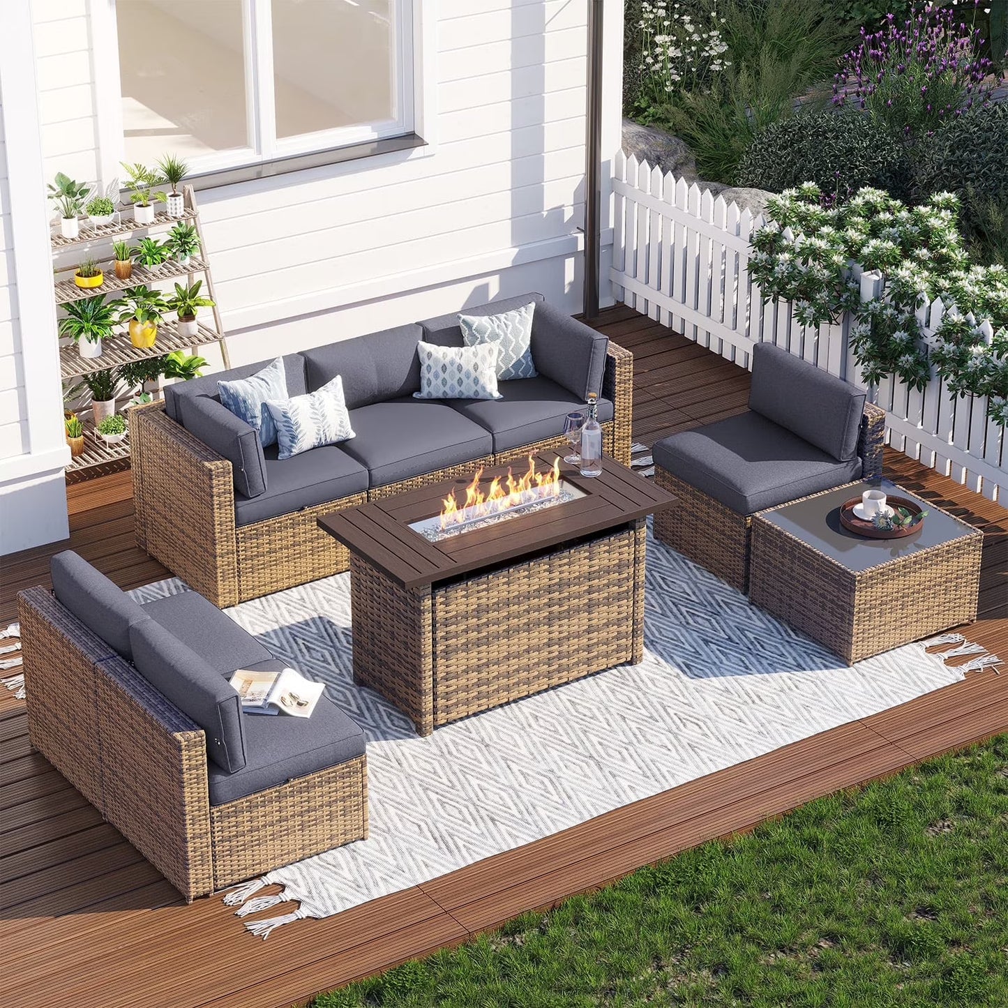 Clouddwell 8 Piece Patio Furniture Set with 44” Fire Pit Table Wicker Rattan Patio Conversation Set Outdoor Sectional Sofa Set with Coffee Table and Black Cushions(Waterproof Cover Included)