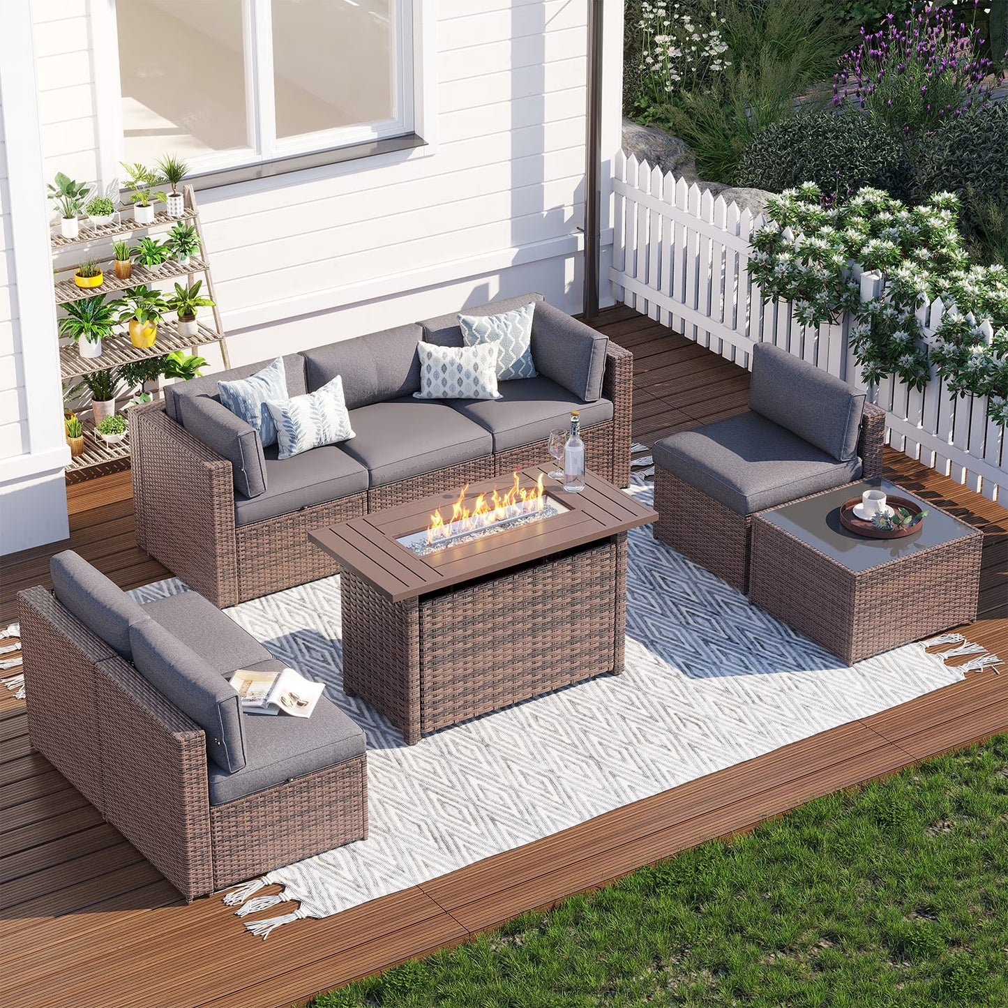 Clouddwell 8 Piece Patio Furniture Set with 44” Fire Pit Table Wicker Rattan Patio Conversation Set Outdoor Sectional Sofa Set with Coffee Table and Gray Cushions(Waterproof Cover Included)