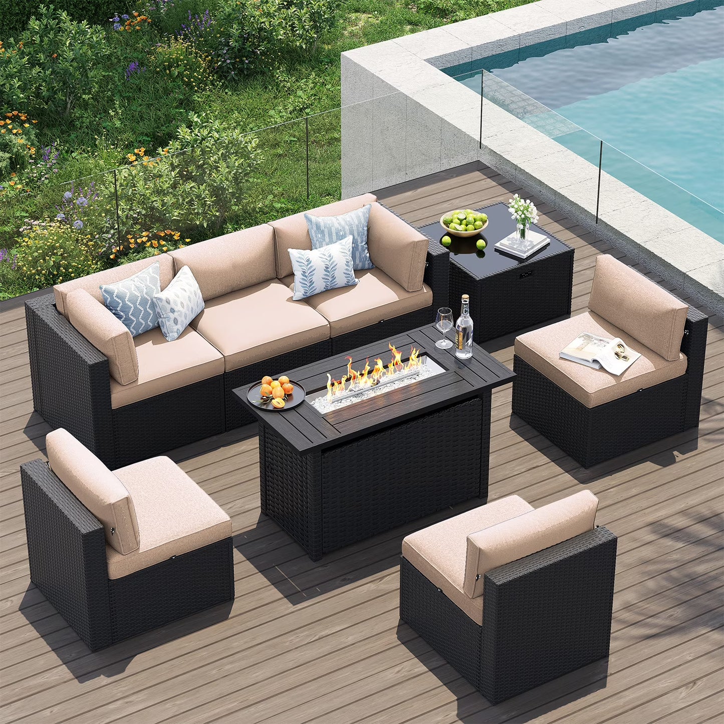 Clouddwell 8-Piece Patio Furniture Set With Fire Table On Sale, Black Rattan Wicker Outdoor Sectional Sofa Couch with Table Patio Conversation Set for Lawn& Backyard,Black