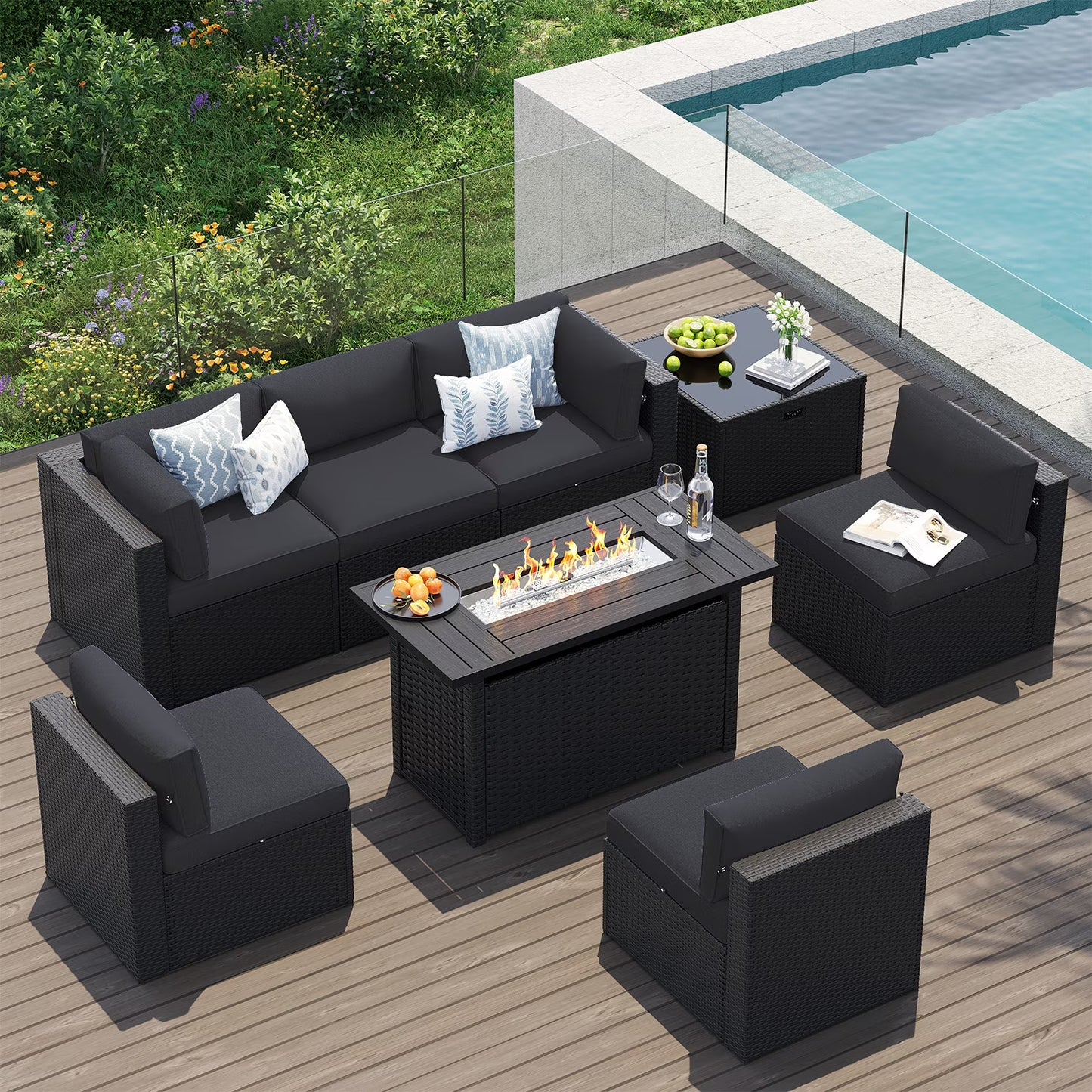 Clouddwell 8-Piece Patio Furniture Set With Fire Table On Sale, Black Rattan Wicker Outdoor Sectional Sofa Couch with Table Patio Conversation Set for Lawn& Backyard,Beige