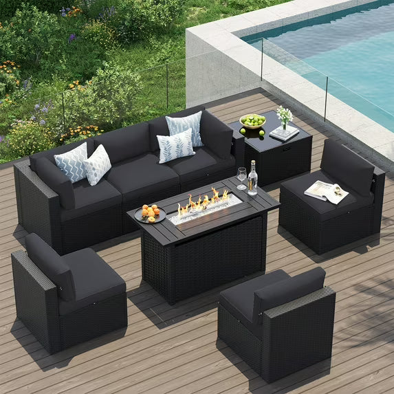 Clouddwell 8-Piece Patio Furniture Set With Fire Table On Sale, Black Rattan Wicker Outdoor Sectional Sofa Couch with Table Patio Conversation Set for Lawn& Backyard,Black