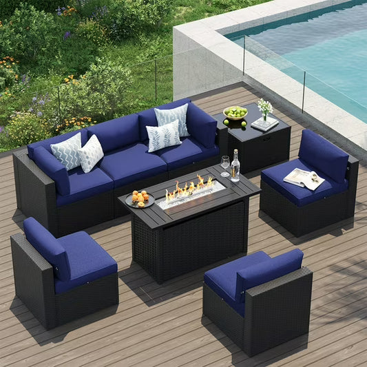 Clouddwell 8-Piece Patio Furniture Set With Fire Table On Sale, Black Rattan Wicker Outdoor Sectional Sofa Couch with Table Patio Conversation Set for Lawn& Backyard,Blue