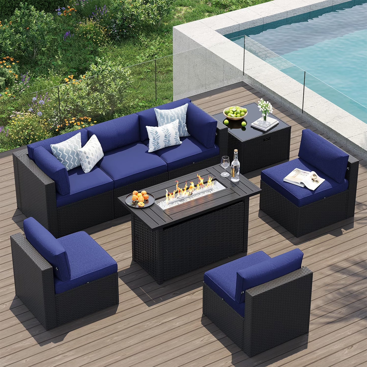 Clouddwell 8-Piece Patio Furniture Set With Fire Table On Sale, Black Rattan Wicker Outdoor Sectional Sofa Couch with Table Patio Conversation Set for Lawn& Backyard,Gray
