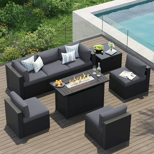 Clouddwell 8-Piece Patio Furniture Set With Fire Table On Sale, Black Rattan Wicker Outdoor Sectional Sofa Couch with Table Patio Conversation Set for Lawn& Backyard,Gray
