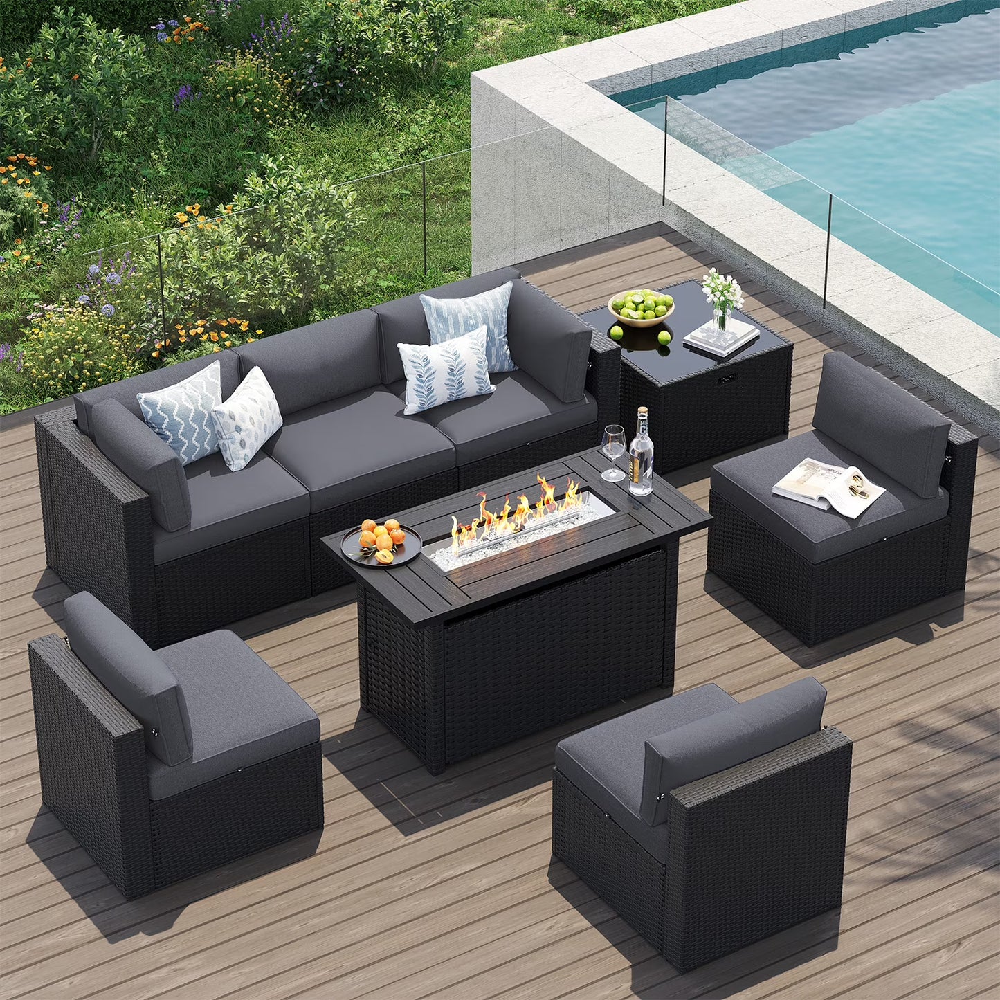 Clouddwell 8-Piece Patio Furniture Set With Fire Table On Sale, Black Rattan Wicker Outdoor Sectional Sofa Couch with Table Patio Conversation Set for Lawn& Backyard,Blue