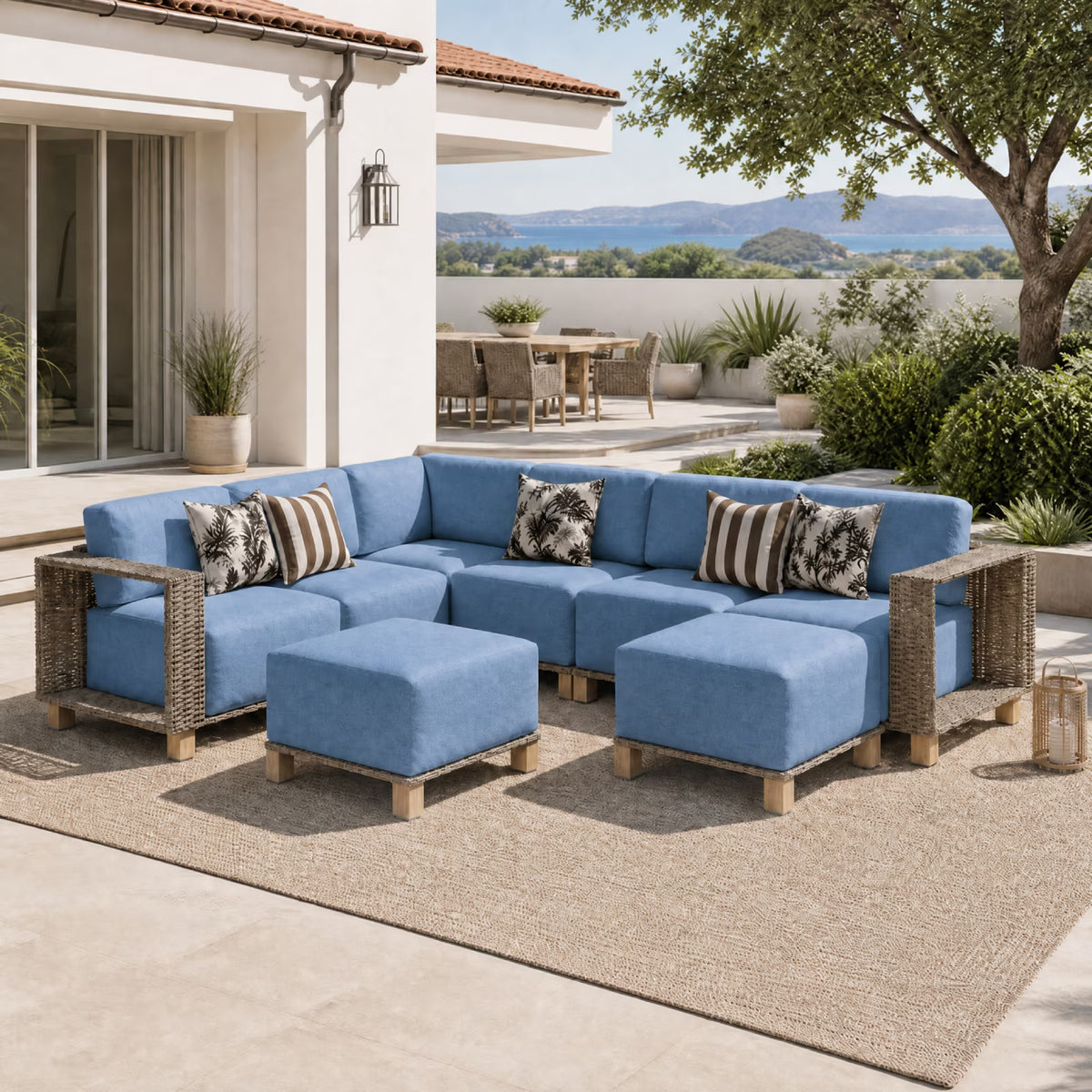 Clouddwell 8 Pieces Wicker Patio Furniture Set, Wicker Outdoor Sectional Sofa with 10 Inches Thick Cushions,Blue